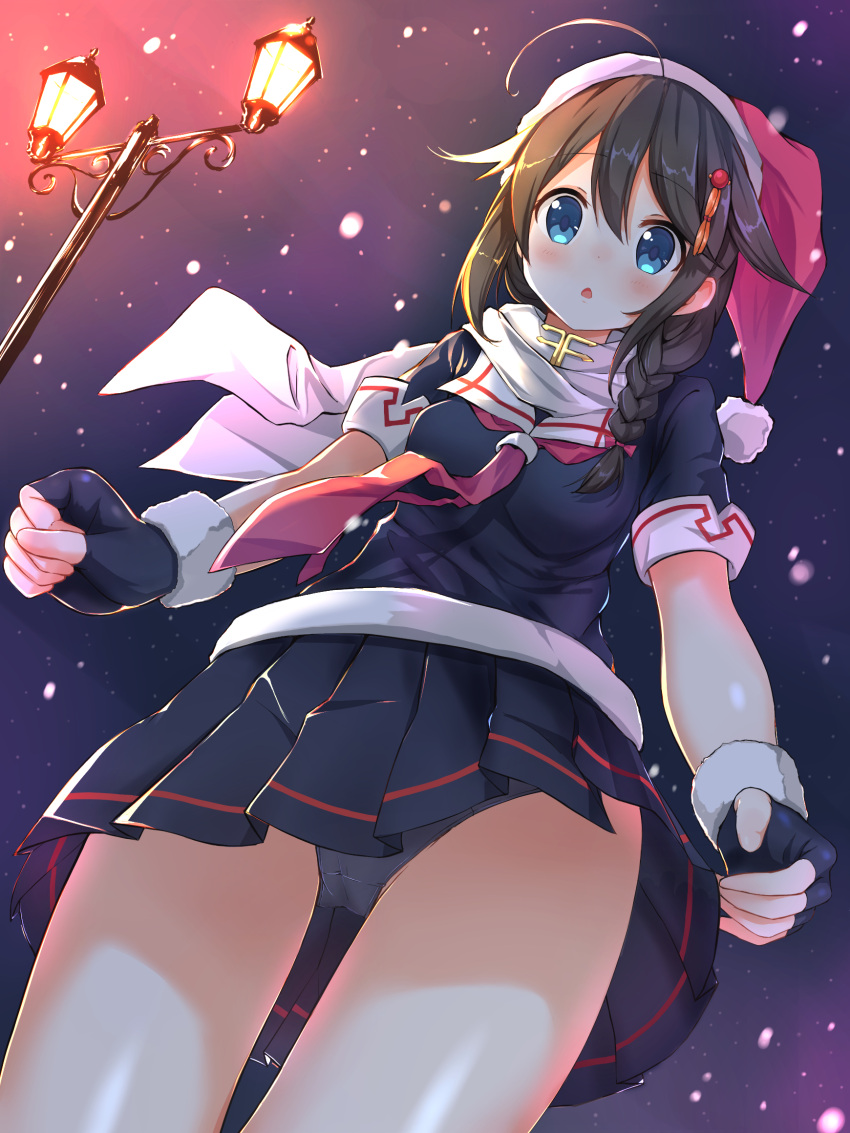 1girl, ahoge, blue_eyes, braid, breasts, brown_hair, cowboy_shot, ezoshika_gg
