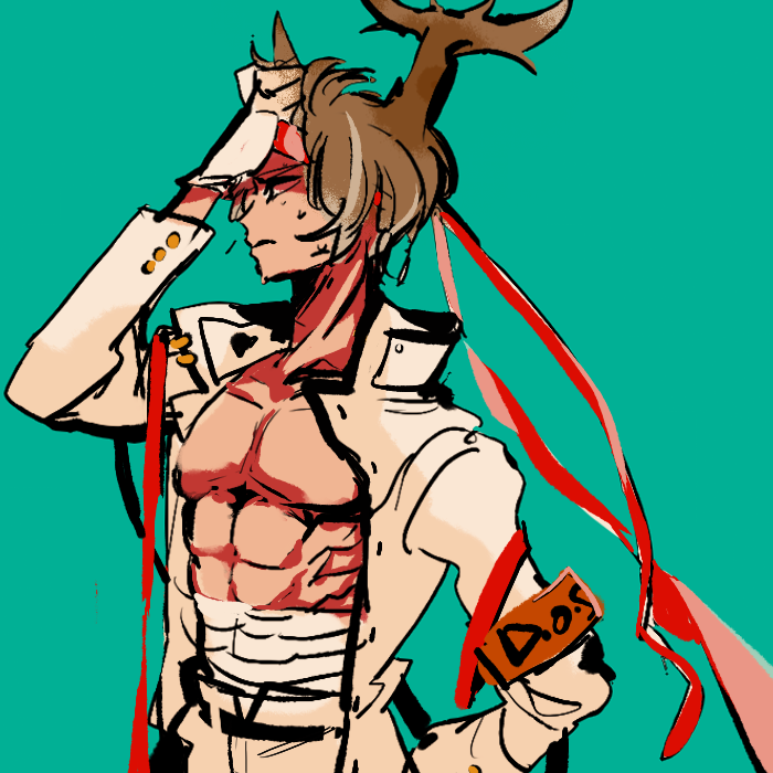 1boy, abs, adjusting_hair, armband, blue_background, brown_hair, hand_on_hip, headband