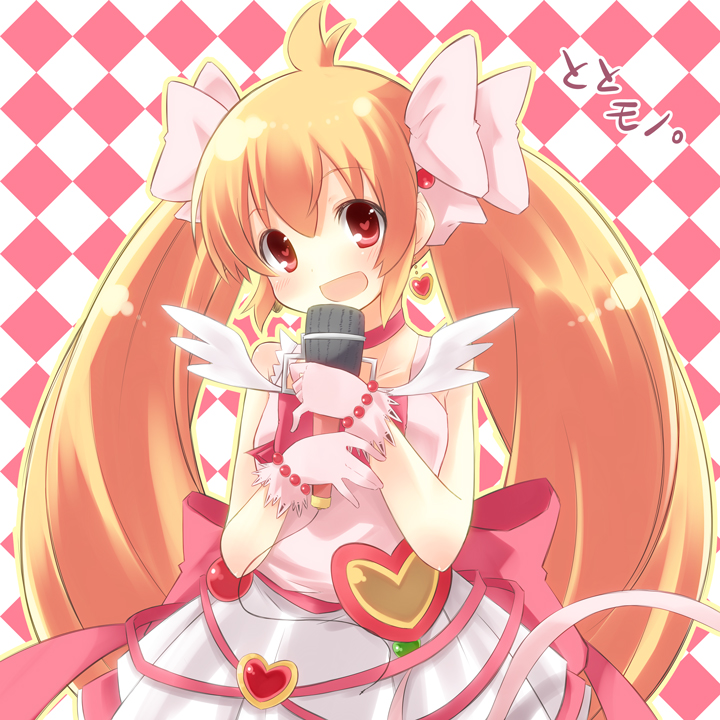 bad_id, blush, brown_hair, choker, dress, earrings, gloves, hair_ribbon, heart, jewelry, ken_to_mahou_to_gakuen_mono_2, long_hair, microphone, nanatsu, red_eyes, ribbon, twintails