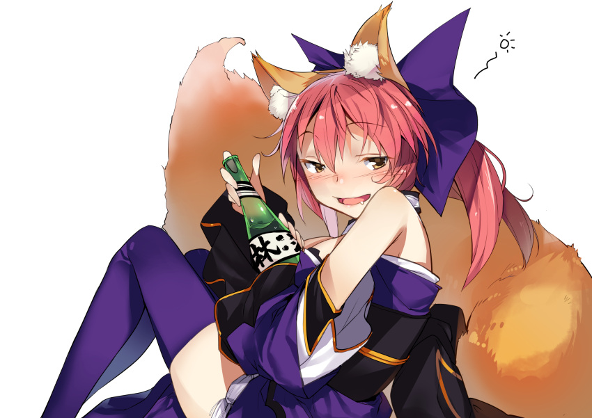 1girl, alcohol, animal_ears, bare_shoulders, blush, bottle, bow, breasts