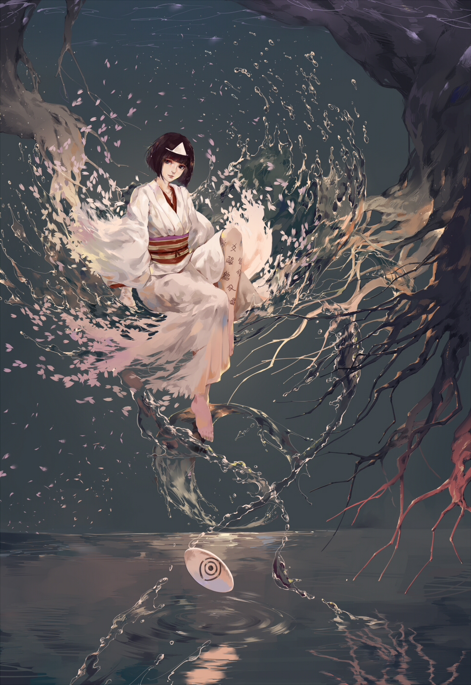 1girl, bangs, black_hair, body_writing, dissolving_clothes, highres, japanese_clothes, kimono, looking_at_viewer, mask, mask_removed, nora_(noragami), noragami, obi, red_eyes, ripples, sash, short_hair, solo, tree, triangular_headpiece, water, white_kimono, yomi_yasou