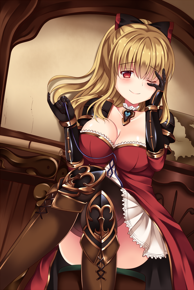 1girl, black_legwear, blonde_hair, blush, boots, breasts, brown_boots, chain