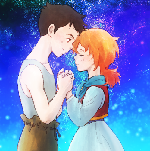 1boy, 1girl, blue_background, brown_hair, closed_eyes, couple, forehead-to-forehead, from_side