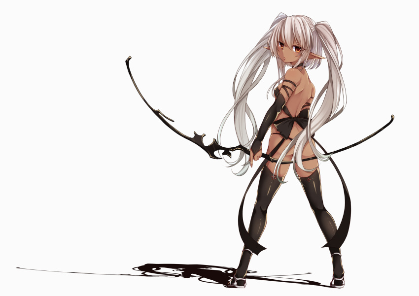 1girl, ass, bikini, bow_(weapon), brown_eyes, dark_skin, detached_sleeves, elf, from_behind, full_body, highres, long_hair, looking_back, original, pointy_ears, shadow, shiro_yurine, shoes, simple_background, small_breasts, solo, standing, swimsuit, thigh-highs, twintails, very_long_hair, weapon, white_background, white_hair