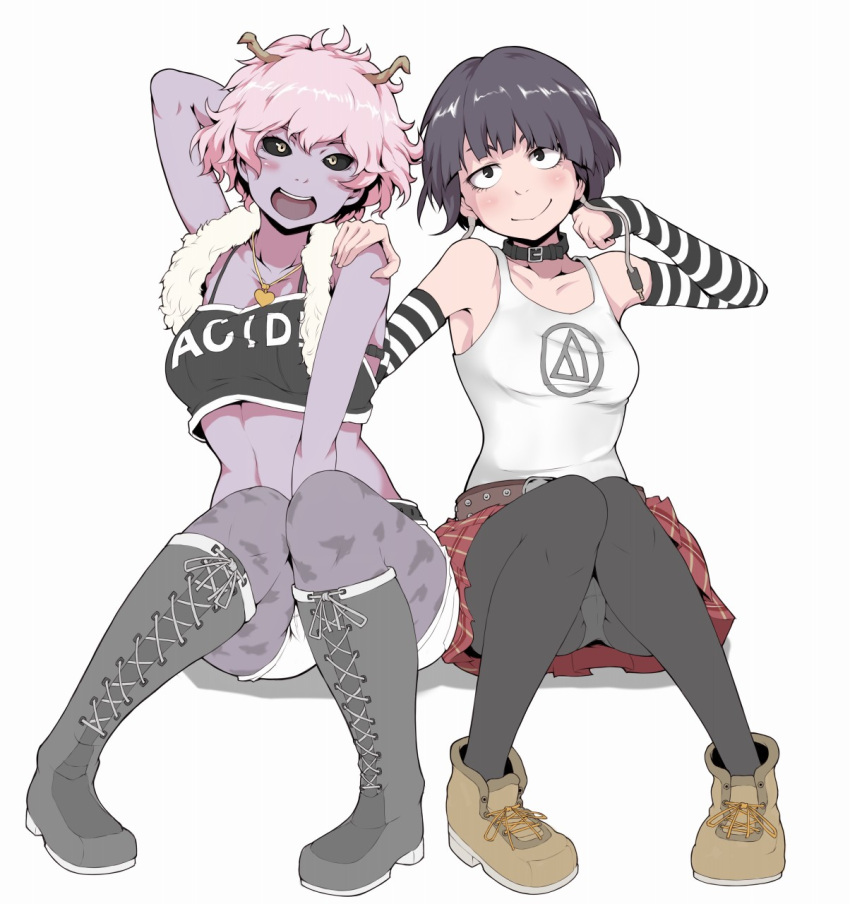 2girls, arm_behind_head, arm_warmers, ashido_mina, belt, between_legs, black_eyes, black_hair, black_legwear, black_sclera, blush, boku_no_hero_academia, boots, casual, choker, clothes_writing, crop_top, cross-laced_footwear, feather_boa, hand_between_legs, hand_on_another's_shoulder, heart, heart_necklace, highres, horns, ina_(gokihoihoi), jirou_kyouka, knee_boots, midriff, multiple_girls, open_mouth, panties, panties_under_pantyhose, pantyhose, pantyshot, pantyshot_(sitting), pink_hair, plaid, plaid_skirt, plug, purple_skin, shoes, short_hair, short_shorts, shorts, sitting, skirt, smile, striped, tank_top, underwear, yellow_eyes
