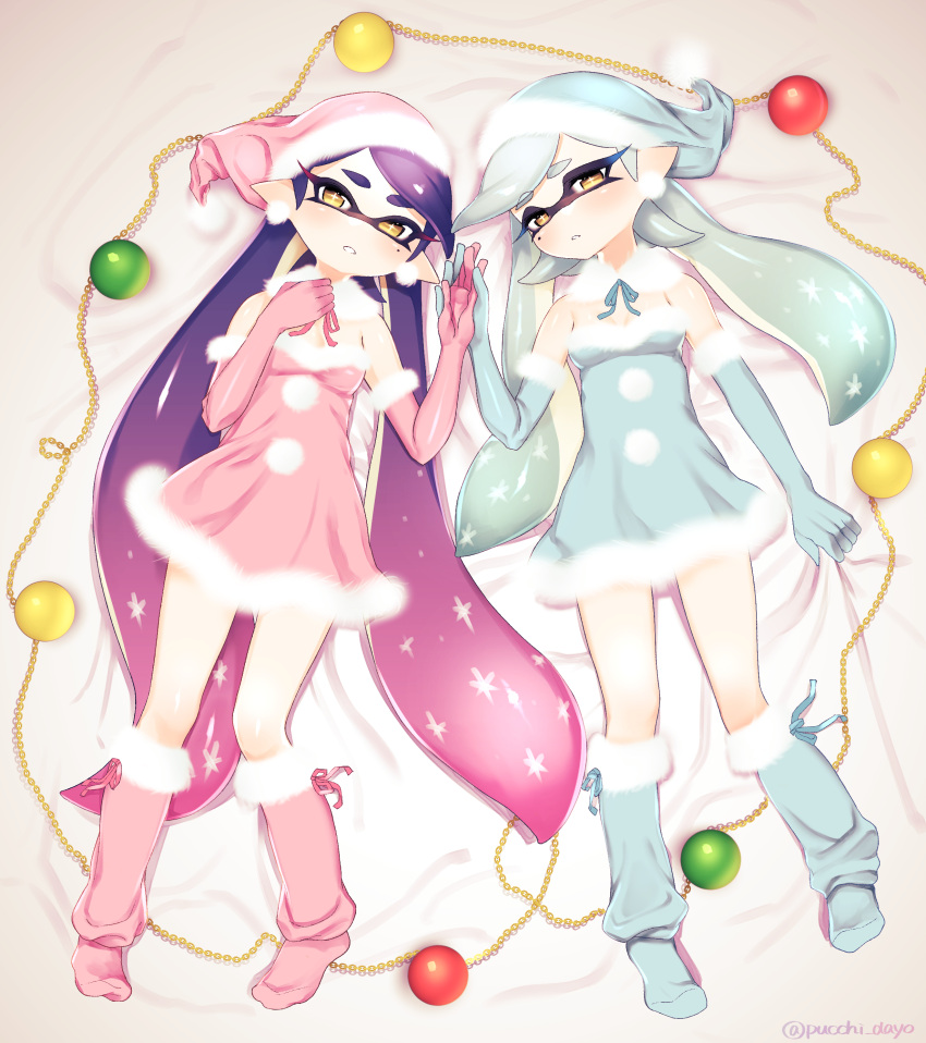 2girls, absurdres, bangs, bauble, bed_sheet, blue_dress, blue_gloves, blue_hair