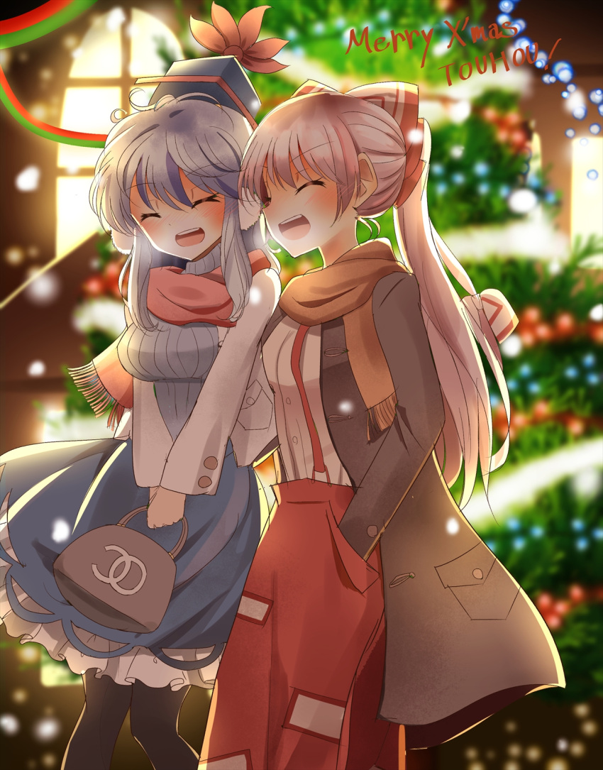 2girls, adapted_costume, alternate_hairstyle, bag, bow, christmas, christmas_ornaments, christmas_tree