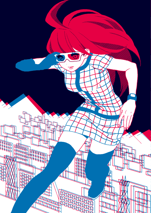 anaglyph, elbow_gloves, glasses, gloves, long_hair, personification, red_hair, redhead