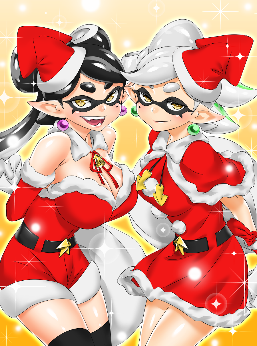 2girls, black_hair, black_legwear, breasts, callie_(splatoon), christmas, cleavage, gloves