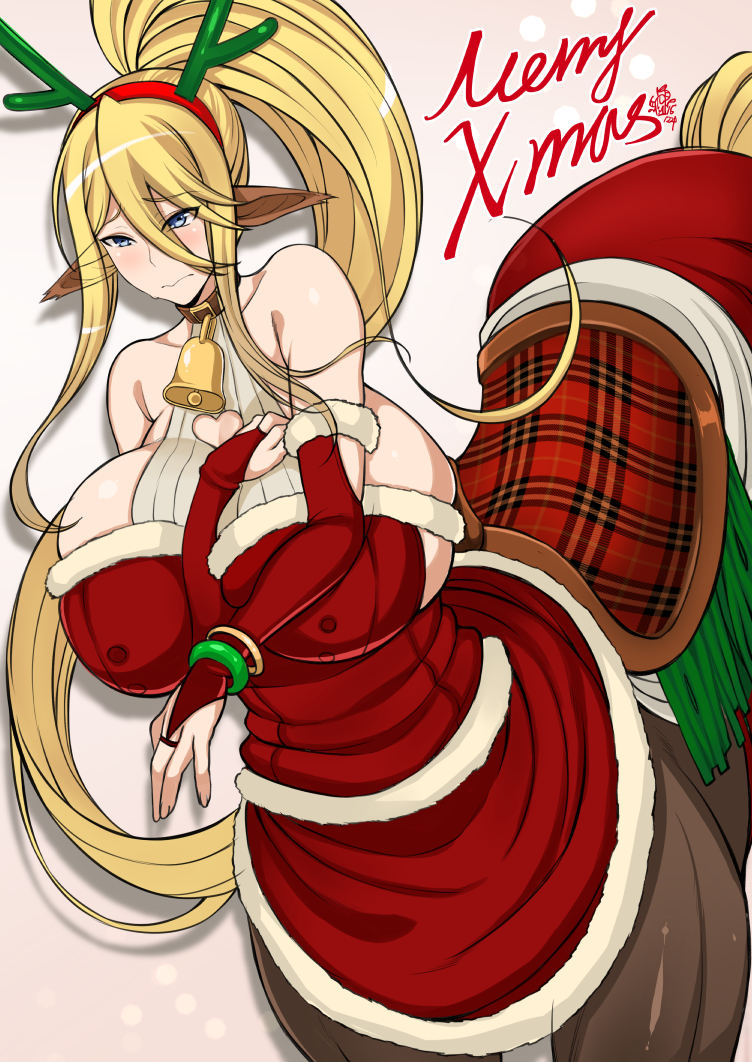 1girl, breasts, centaur, centorea_shianus, christmas, christmas_ornaments, gigantic_breasts, huge_breasts