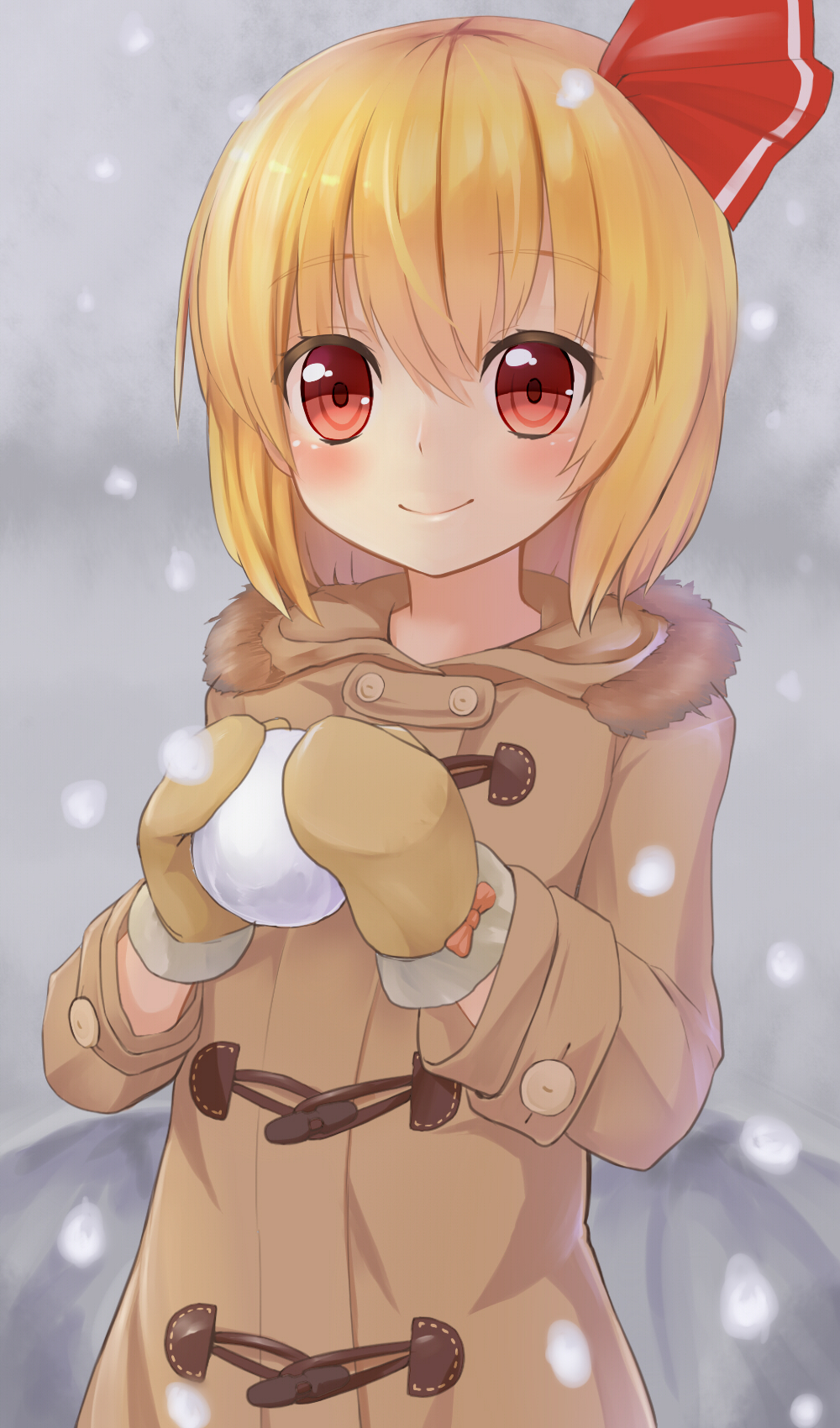 1girl, blonde_hair, blush, coat, hair_ribbon, highres, looking_at_viewer, mittens