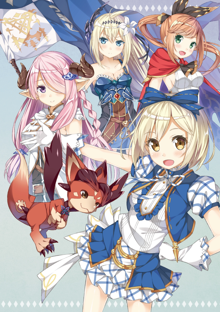 4girls, :d, banner, bare_shoulders, bii_(granblue_fantasy), blonde_hair, blush, bow