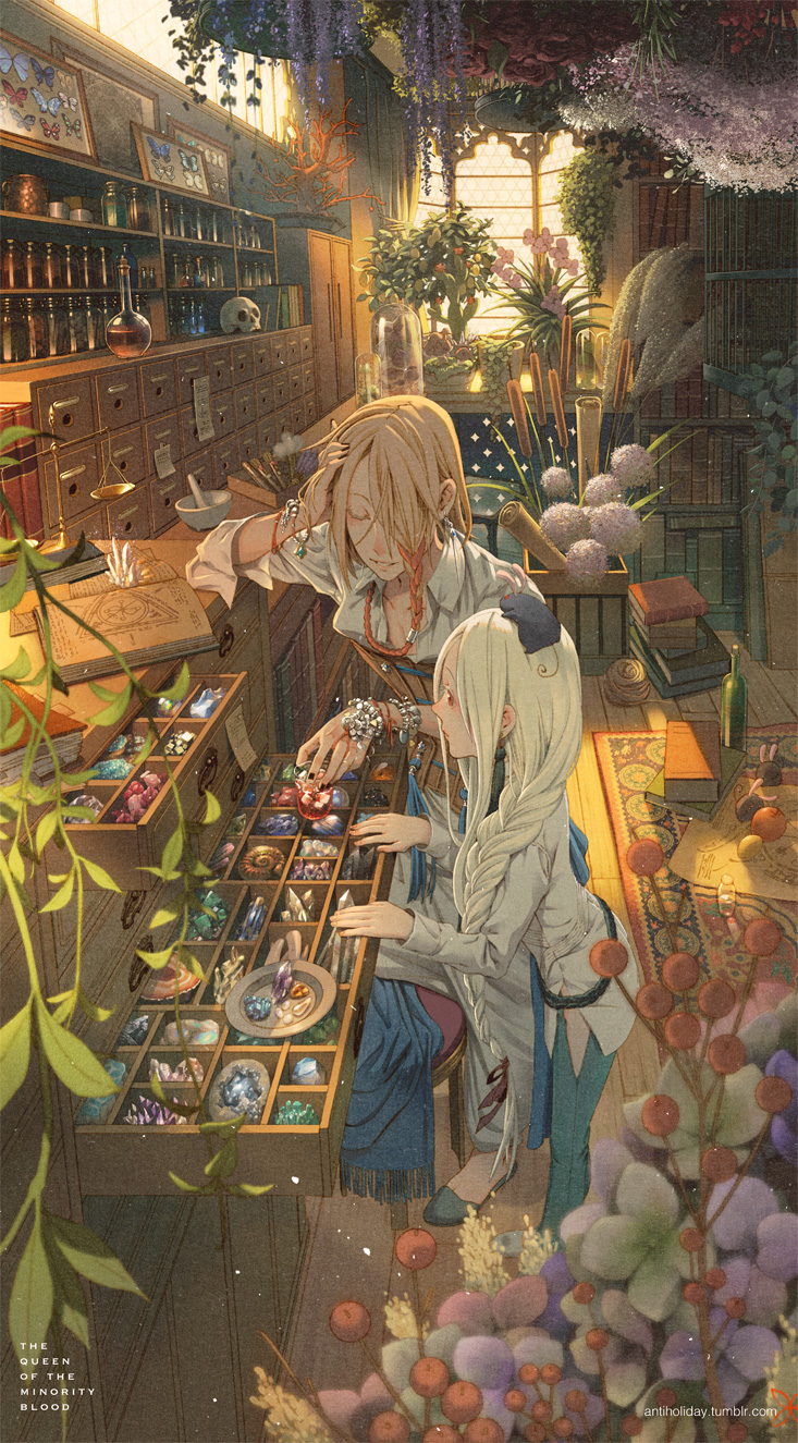 1girl, albino, androgynous, animal, animal_on_head, apple, balance_scale, belt