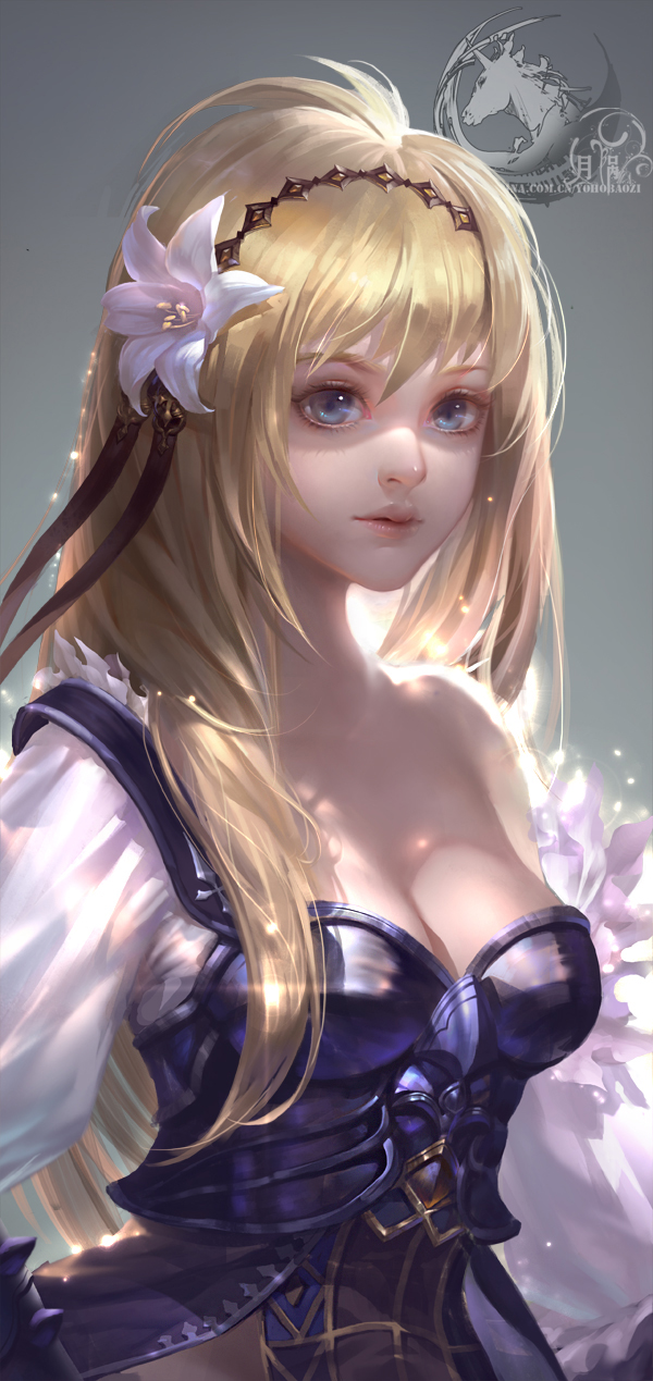 1girl, armor, bare_shoulders, blonde_hair, bloom, blue_eyes, breasts, cleavage, flower, granblue_fantasy, hair_flower, hair_ornament, hairband, highres, jeanne_d'arc_(granblue_fantasy), lily_(flower), lips, long_hair, nose, solo, yoho_kameko
