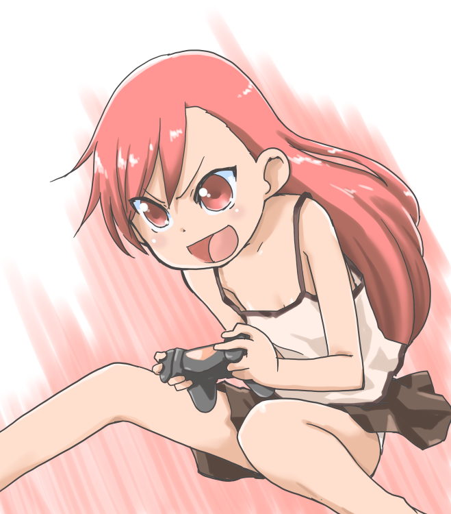 1girl, controller, game_controller, kazoku_game, long_hair, red_eyes, redhead, skirt