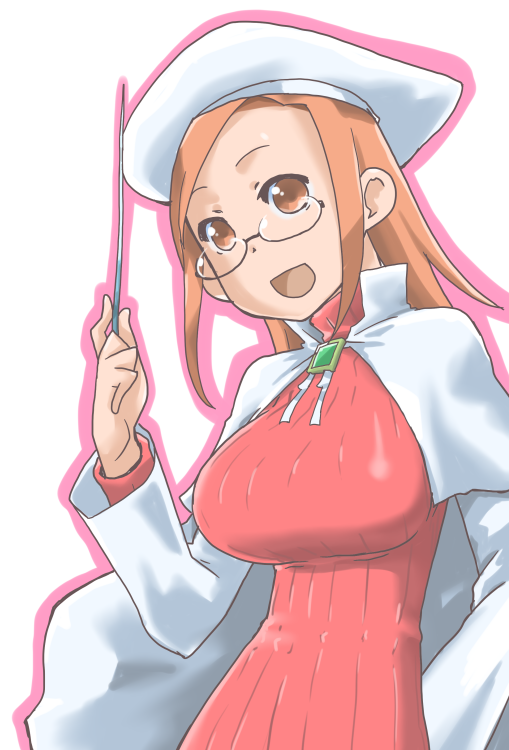 1girl, aty_(summon_night), aty_(summon_night)_(cosplay), brown_eyes, cape, cosplay, glasses, hat