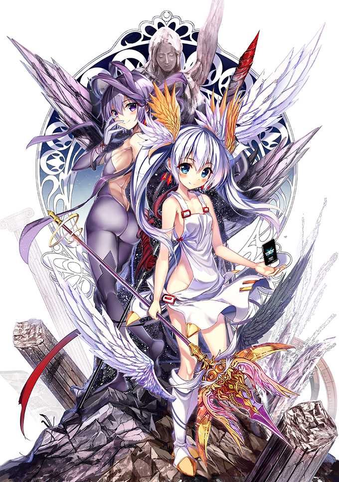 2girls, akabane_(zebrasmise), angel, ass, asymmetrical_wings, back-to-back, bangs, bare_back