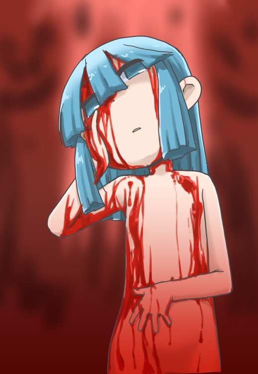 1girl, blood, blue_eyes, blue_hair, flat_chest, kazoku_game, long_hair, minase_shian
