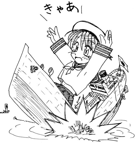 anchor, arms_up, blush, dying, explosion, hat, japanese_flag, konoekihei, mecha_musume, monochrome, oil_tanker, open_mouth, original, partially_submerged, periscope, personification, propeller, sailor_hat, school_uniform, serafuku, ship, shouting, sinking, smokestack, submarine, submerged, tears, traditional_media, translated, water, world_war_ii