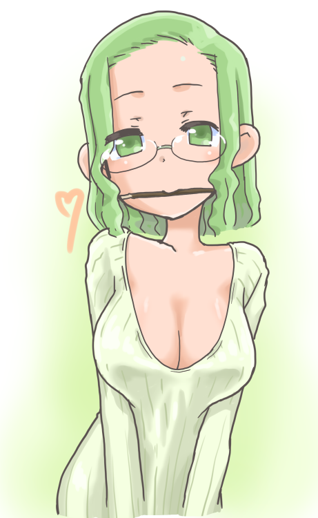 1girl, breasts, cleavage, glasses, green_eyes, green_hair, heart, kazoku_game