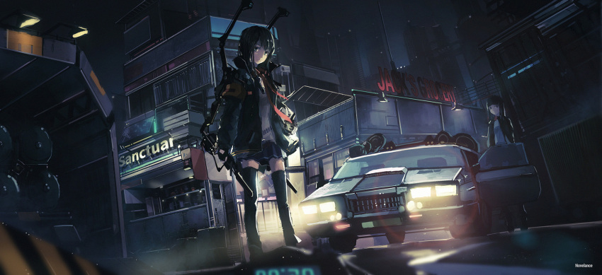 2girls, armband, artist_name, bangs, belt, black_hair, blunt_bangs, blurry