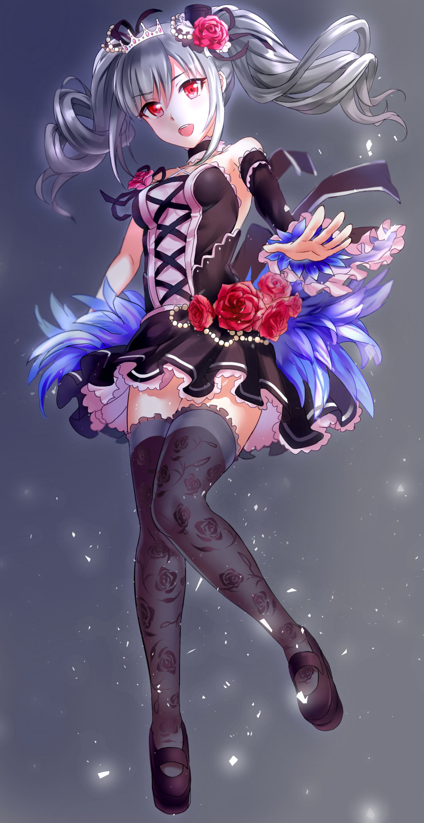 1girl, absurdres, drill_hair, hair_flower, highres, idolmaster, idolmaster_cinderella_girls, kanzaki_ranko, kohinata_(sdu0628), long_hair, open_mouth, red_eyes, silver_hair, solo, thigh-highs, twin_drills, twintails
