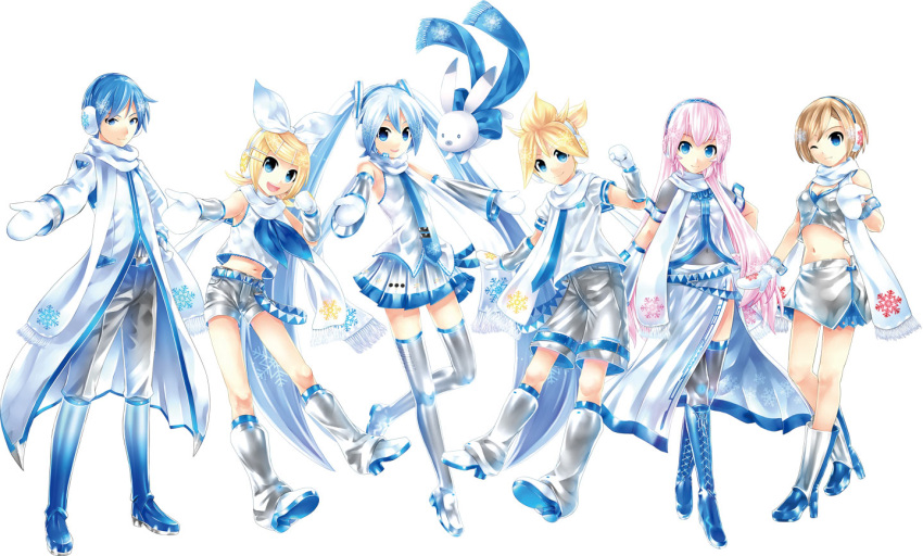 2boys, 4girls, alternate_costume, blonde_hair, blue_eyes, blue_hair, brown_hair, detached_sleeves, earmuffs, gloves, hair_ribbon, hatsune_miku, headset, kagamine_len, kagamine_rin, kaito, kei_(keigarou), long_hair, looking_at_viewer, megurine_luka, meiko, multicolored_hair, multiple_boys, multiple_girls, navel, necktie, pink_hair, ribbon, short_hair, shorts, skirt, smile, snowflake_print, twintails, vocaloid, white_background, white_gloves, yuki_luka, yuki_miku, yuki_rin_(vocaloid), yukine_(vocaloid)