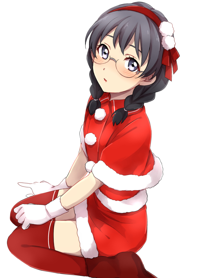 1girl, absurdres, alternate_costume, ansatsu_kyoushitsu, bangs, black_hair, blush, boots, braid, christmas, eyelashes, glasses, gloves, hairband, hat, highres, long_hair, looking_at_viewer, okuda_manami, pom_pom_(clothes), red_boots, red_hat, red_legwear, red_skirt, round_glasses, santa_costume, santa_hat, sekina, short_hair, simple_background, sitting, skirt, solo, thigh-highs, twin_braids, white_background, white_gloves