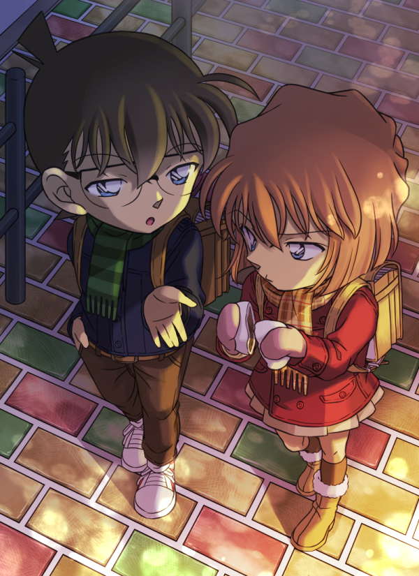 1boy, 1girl, :o, backpack, bag, bangs, baozi, belt