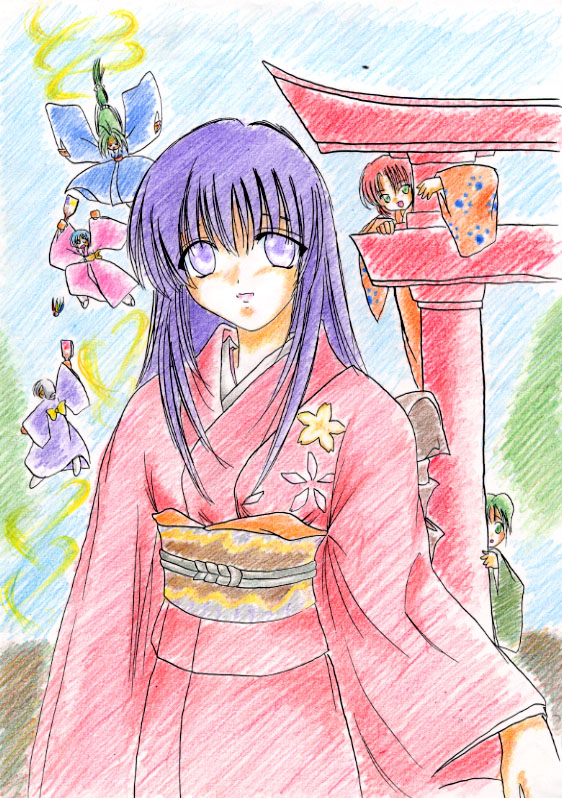 arch, blazing_star, green_hair, japanese, japanese_clothes, kimono, kizuyomina_asayuki, leefa_chyao, purple_hair, violet_eyes, yamazaki_naomi, zhou_lihua