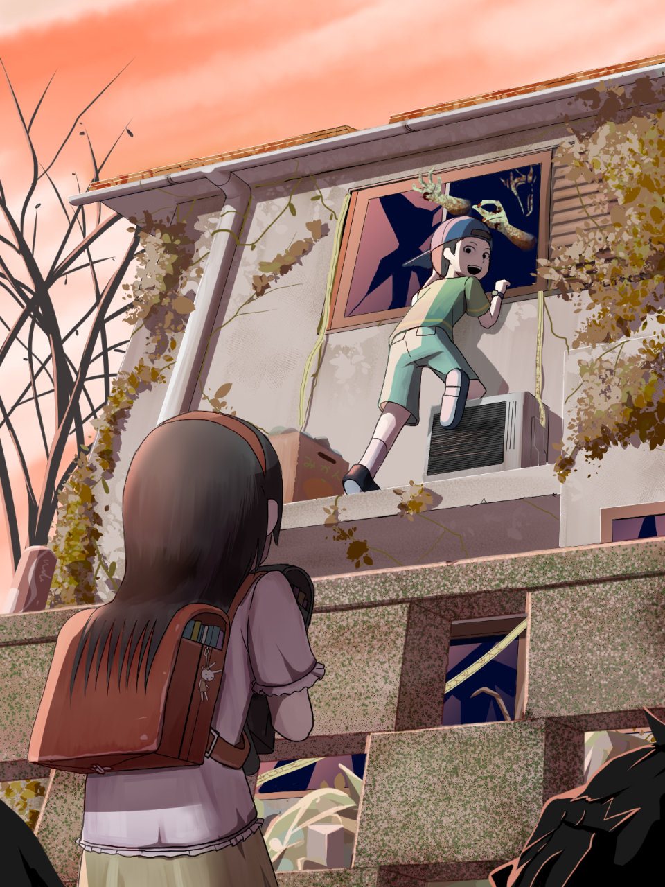 1boy, 1girl, air_conditioner, backpack, bag, bag_charm, baseball_cap, book
