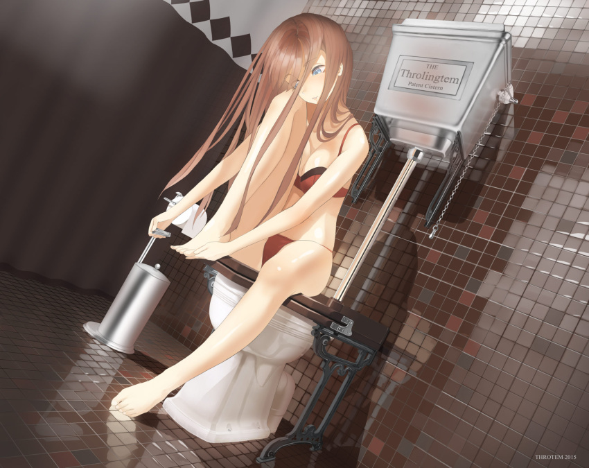 1girl, 2015, artist_name, bare_legs, barefoot, bathroom, blue_eyes, blush
