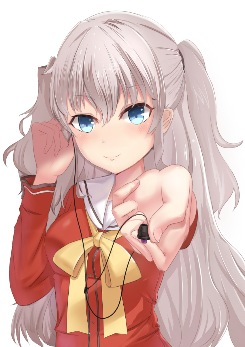 1girl, absurdres, adjusting_earphones, black_ribbon, blazer, blue_eyes, blush, buttons