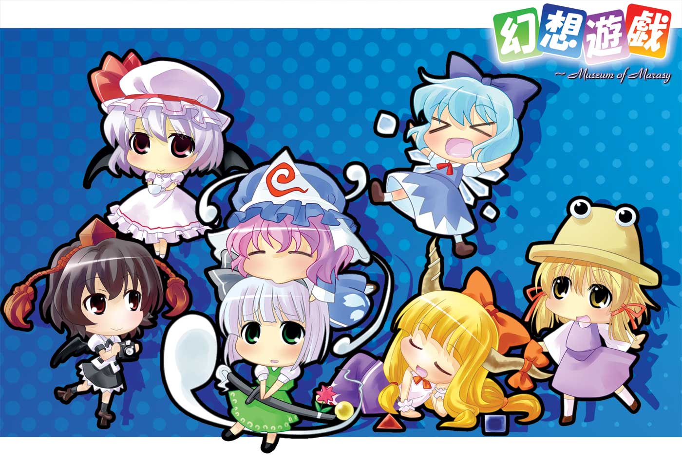bat_wings, black_wings, blonde_hair, blue_hair, brown_hair, camera, chibi, cirno