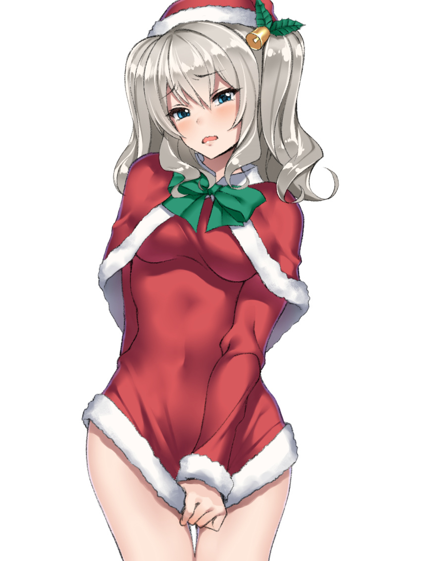 1girl, arm_behind_back, bell, blue_eyes, blush, bow, breasts, capelet