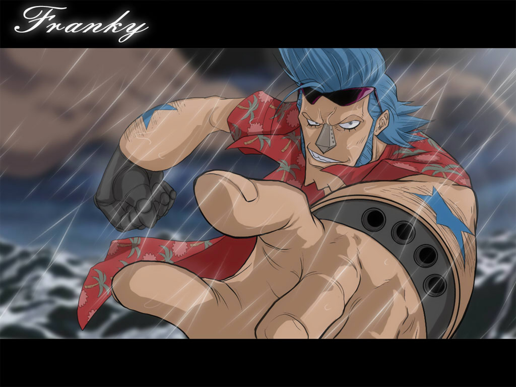 blue_hair, cyborg, franky, male, meguro_fukuzou, one_piece, rain, solo