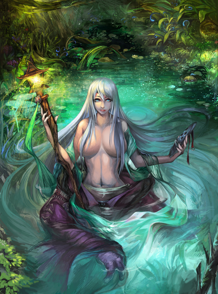1girl, bare_shoulders, blue_eyes, breasts, clothes_removed, genderswap, hair_over_breasts, highres