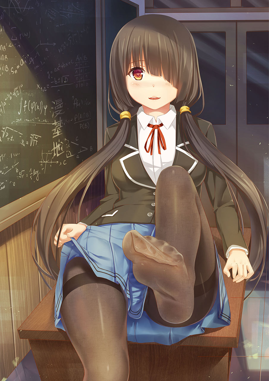 1girl, black_hair, black_legwear, blazer, blue_skirt, blush, chalkboard, classroom