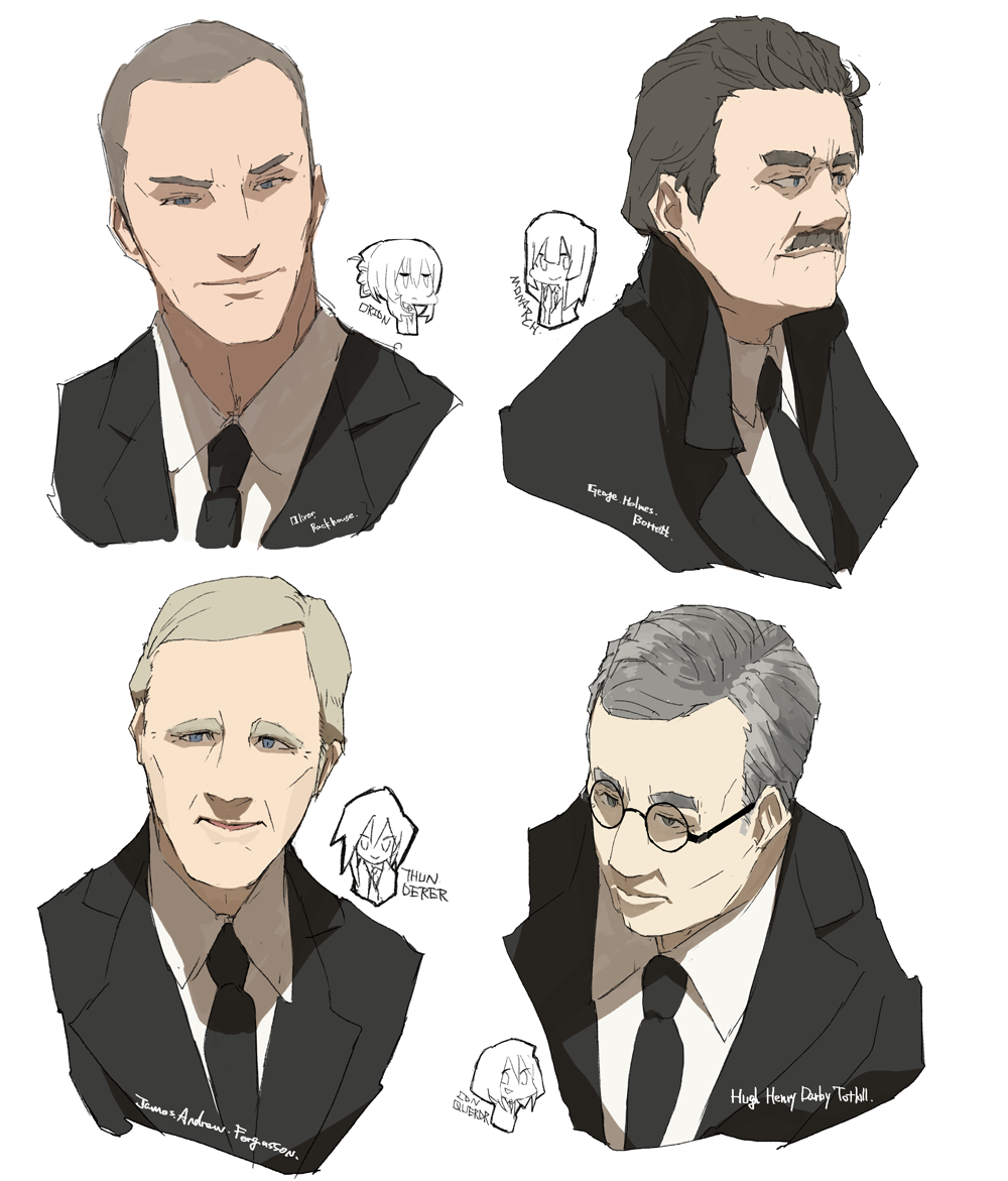 black_hair, facial_hair, formal, george_holmes_borrett, glasses, grey_hair, hms_conqueror_(siirakannu), hms_monarch_(siirakannu), hms_orion_(siirakannu), hms_thunderer_(siirakannu), hugh_henry_darby_tothill, james_andrew_fergusson, kantai_collection, military, military_uniform, mustache, necktie, older, oliver_backhouse, original, real_life, siirakannu, suit, uniform, world_war_i