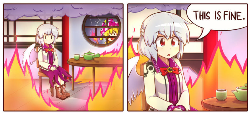 2girls, angel_wings, blonde_hair, chair, clownpiece, cup, english, fire