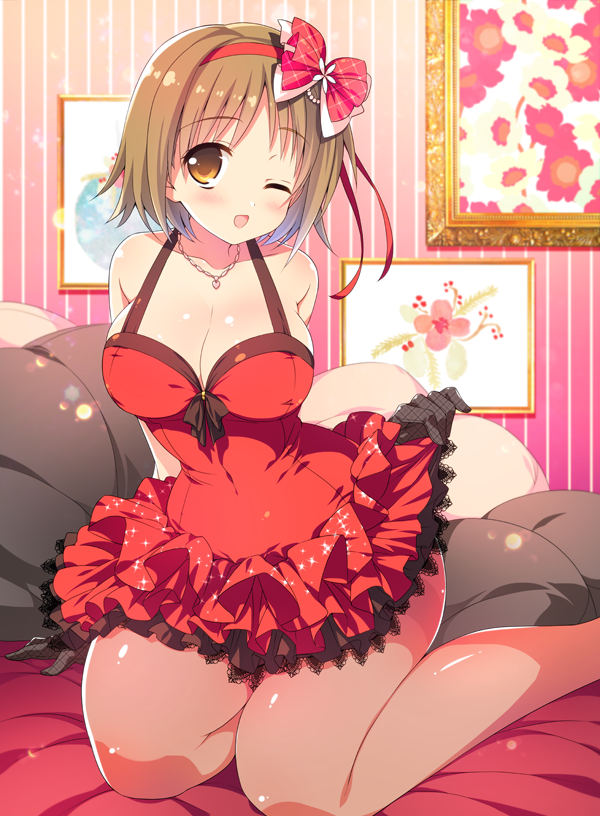1girl, breasts, brown_eyes, brown_hair, cleavage, dress, hair_ornament, idolmaster