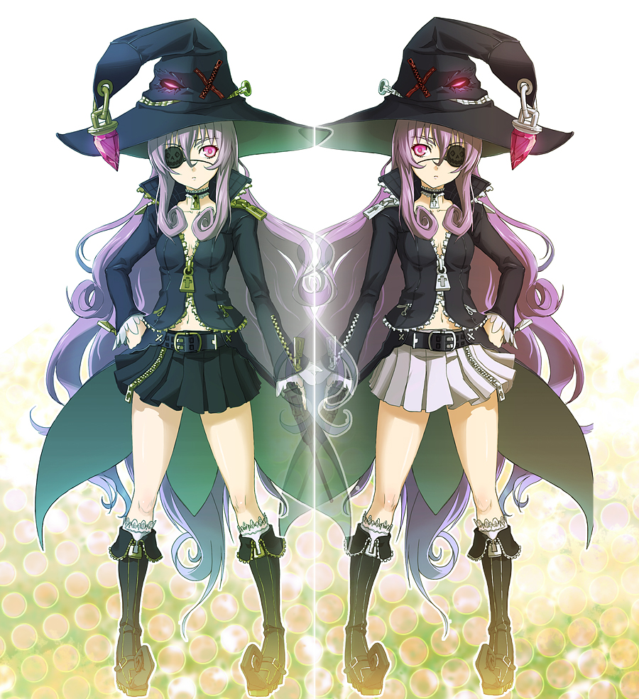2girls, asymmetrical_clothes, belt, boots, choker, crystal, eyepatch, hat, knee_boots, miniskirt, multiple_girls, ookuma_(nitroplus), original, panda_(pixiv), pink_eyes, pleated_skirt, purple_hair, siblings, sisters, skirt, symmetry, twins, witch, witch_hat, zipper