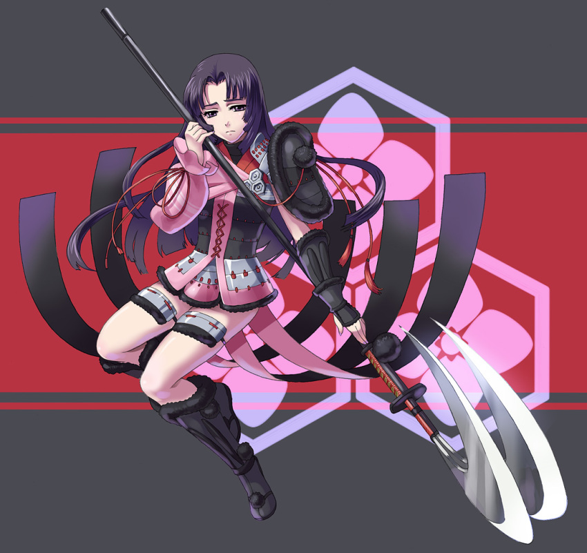 asymmetrical_clothes, black_hair, breastplate, gloves, hariyama_(pixiv320286), hariyama_(toubou_tengoku), kote, kusazuri, legs, long_hair, oichi, polearm, samurai, sandals, sengoku_basara, spear, suneate, tabi, weapon