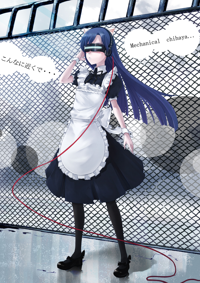 apron, blue_hair, cat_ears, chainlink_fence, fence, head_mounted_display, highres, idolmaster