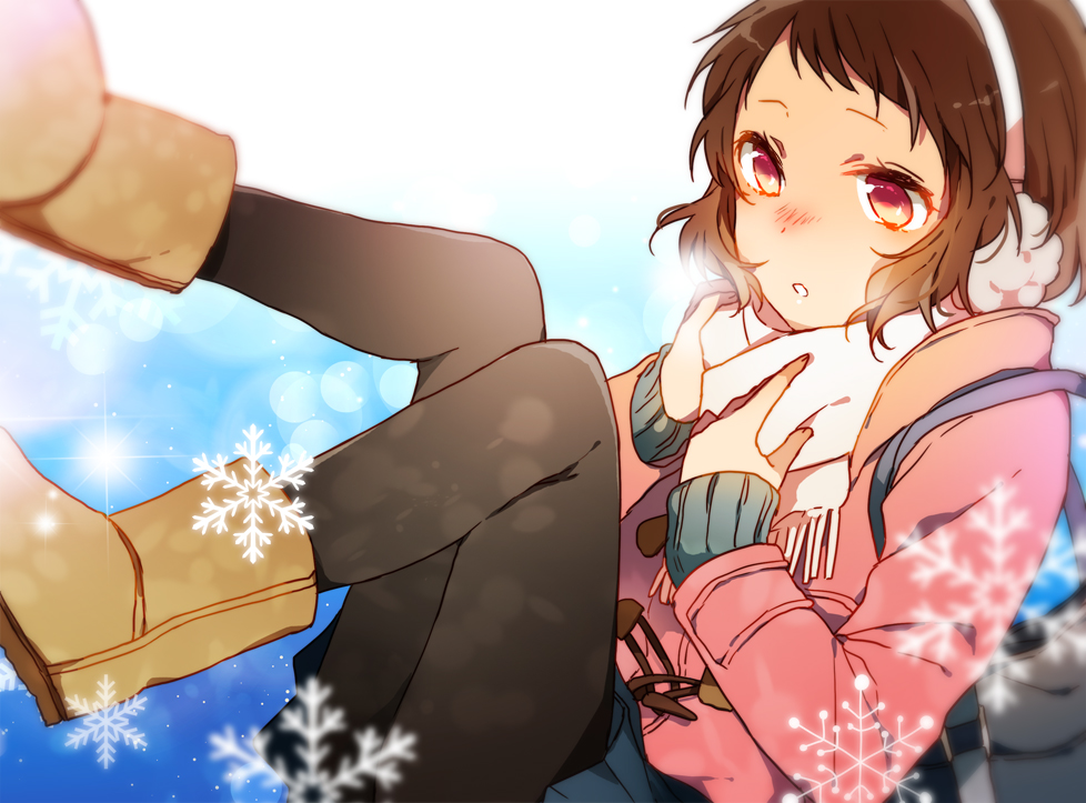 1girl, boots, brown_hair, earmuffs, hyouka, ibara_mayaka, kiri_(lwp01_lav), mittens