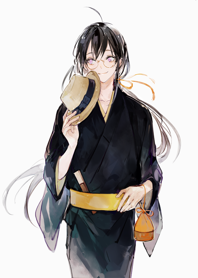 1boy, ahoge, bespectacled, black_hair, fan, folding_fan, glasses, hat
