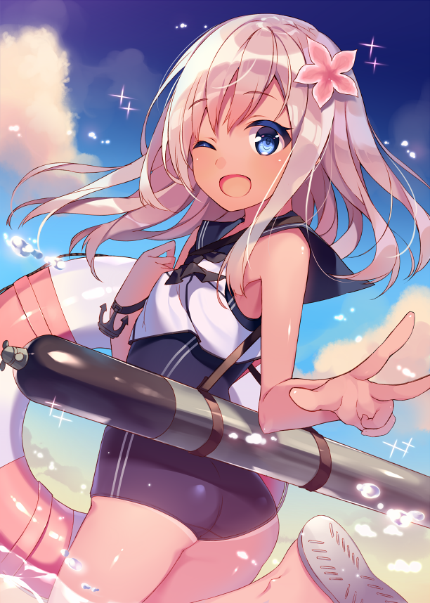 1girl, ;d, anchor, blonde_hair, blue_eyes, blush, crop_top, flower, hair_flower, hair_ornament, kantai_collection, kureaki_(exit), lifebuoy, long_hair, looking_at_viewer, one_eye_closed, open_mouth, ro-500_(kantai_collection), sailor_collar, school_swimsuit, school_uniform, smile, solo, swimsuit, swimsuit_under_clothes, tan, tanline, torpedo, v, water