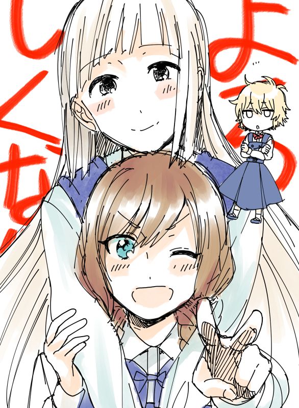 3girls, ano_ko_ni_kiss_to_shirayuri_wo, blonde_hair, blue_eyes, blush, braid, brown_hair, canno