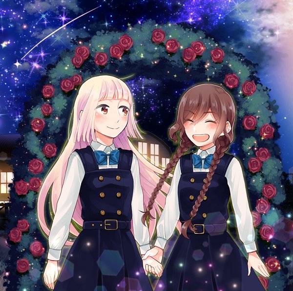 2girls, ano_ko_ni_kiss_to_shirayuri_wo, blush, braid, brown_hair, canno, closed_eyes, flower