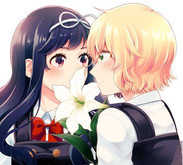 2girls, ano_ko_ni_kiss_to_shirayuri_wo, blonde_hair, blue_hair, blush, canno, flower, green_eyes